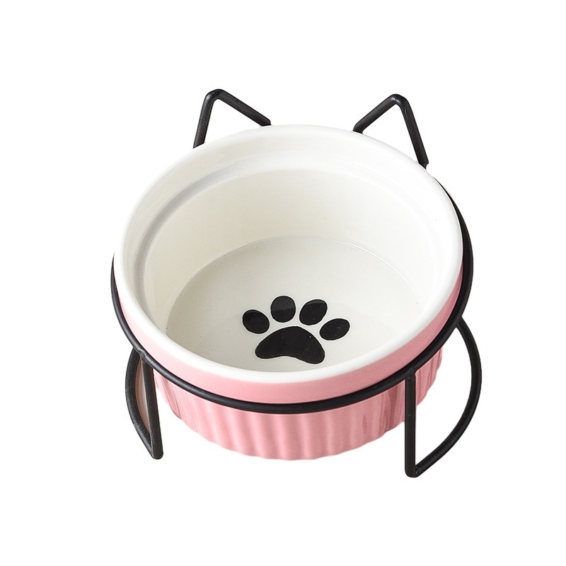 290/420/700g Double Cat Bowl with Iron Stand Slanted Ceramic Pet Dish Anti-Spill Neck Support Imprint Fish Bone/Cat's Paw