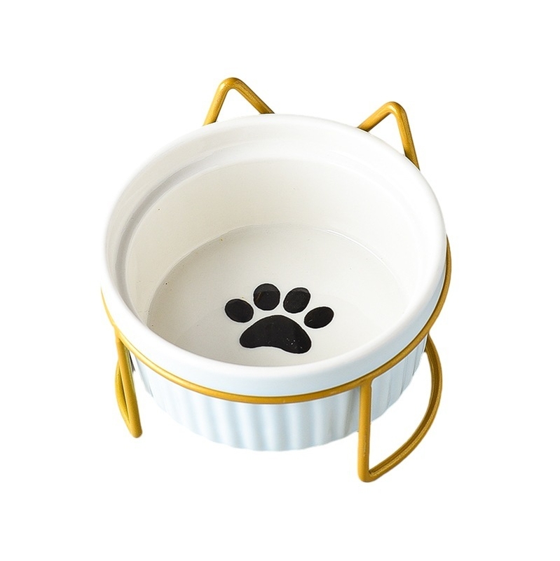 290/420/700g Double Cat Bowl with Iron Stand Slanted Ceramic Pet Dish Anti-Spill Neck Support Imprint Fish Bone/Cat's Paw
