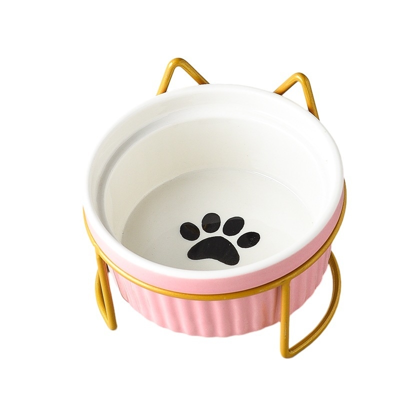 290/420/700g Double Cat Bowl with Iron Stand Slanted Ceramic Pet Dish Anti-Spill Neck Support Imprint Fish Bone/Cat's Paw