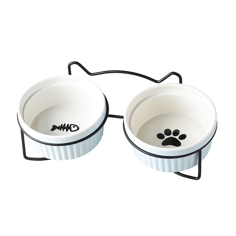 290/420/700g Double Cat Bowl with Iron Stand Slanted Ceramic Pet Dish Anti-Spill Neck Support Imprint Fish Bone/Cat's Paw