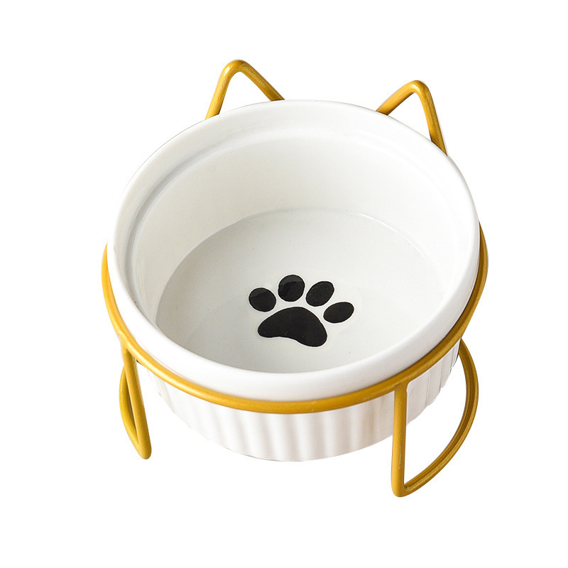 290/420/700g Double Cat Bowl with Iron Stand Slanted Ceramic Pet Dish Anti-Spill Neck Support Imprint Fish Bone/Cat's Paw