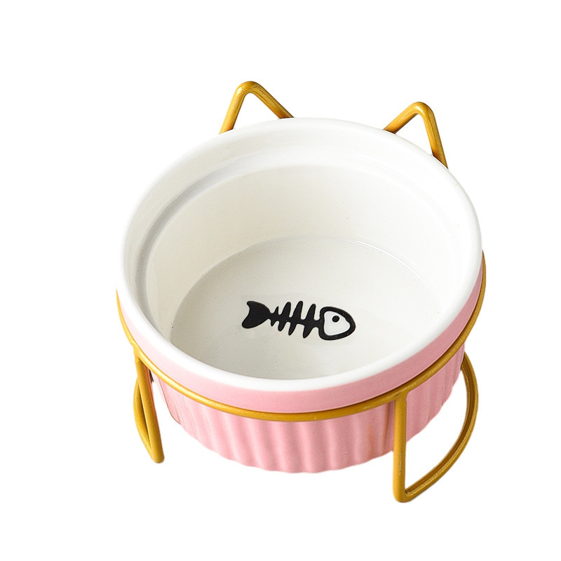 290/420/700g Double Cat Bowl with Iron Stand Slanted Ceramic Pet Dish Anti-Spill Neck Support Imprint Fish Bone/Cat's Paw