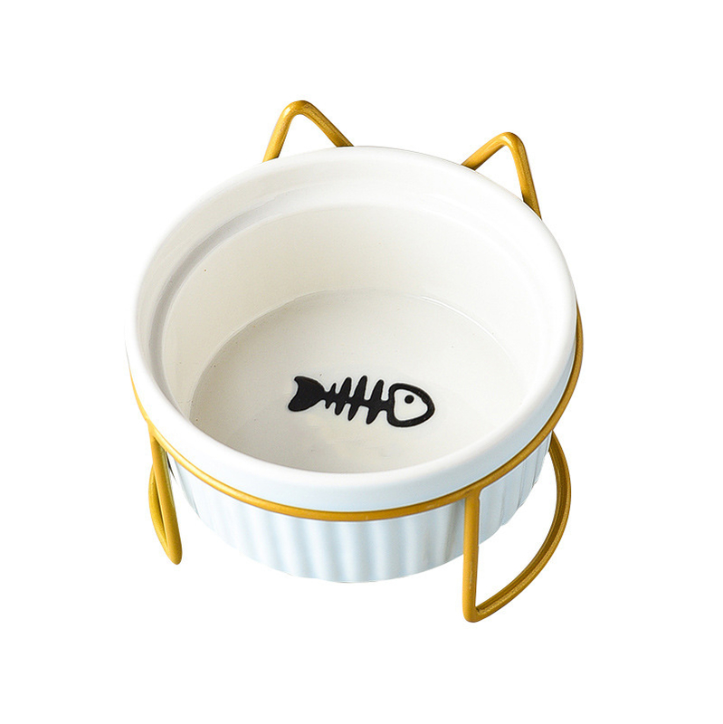 290/420/700g Double Cat Bowl with Iron Stand Slanted Ceramic Pet Dish Anti-Spill Neck Support Imprint Fish Bone/Cat's Paw