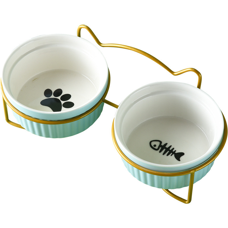 290/420/700g Double Cat Bowl with Iron Stand Slanted Ceramic Pet Dish Anti-Spill Neck Support Imprint Fish Bone/Cat's Paw