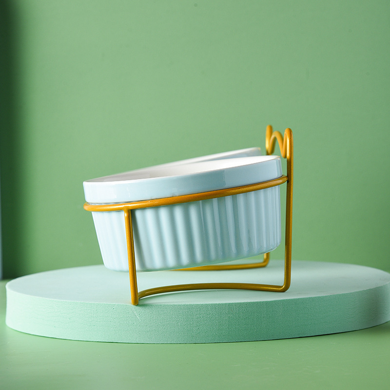 290/420/700g Double Cat Bowl with Iron Stand Slanted Ceramic Pet Dish Anti-Spill Neck Support Imprint Fish Bone/Cat's Paw