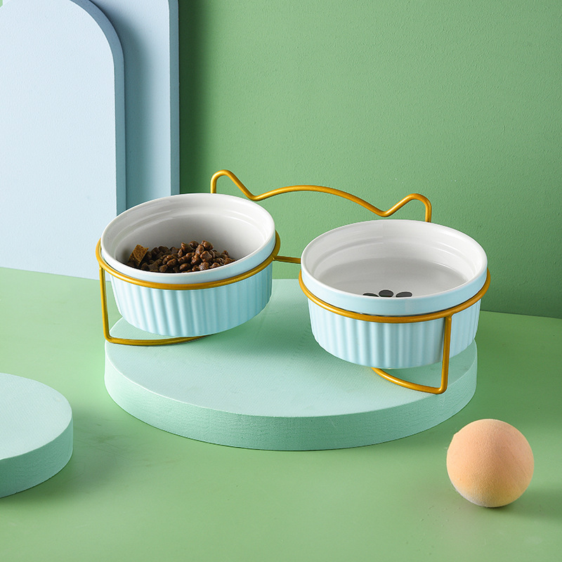 290/420/700g Double Cat Bowl with Iron Stand Slanted Ceramic Pet Dish Anti-Spill Neck Support Imprint Fish Bone/Cat's Paw